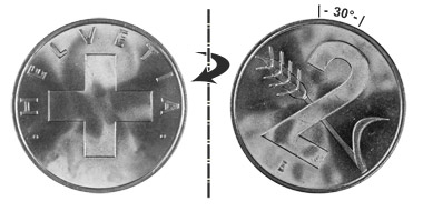 2 centimes 1957, 30° rotated