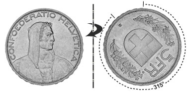 5 Franken 1928, 315° verdreht